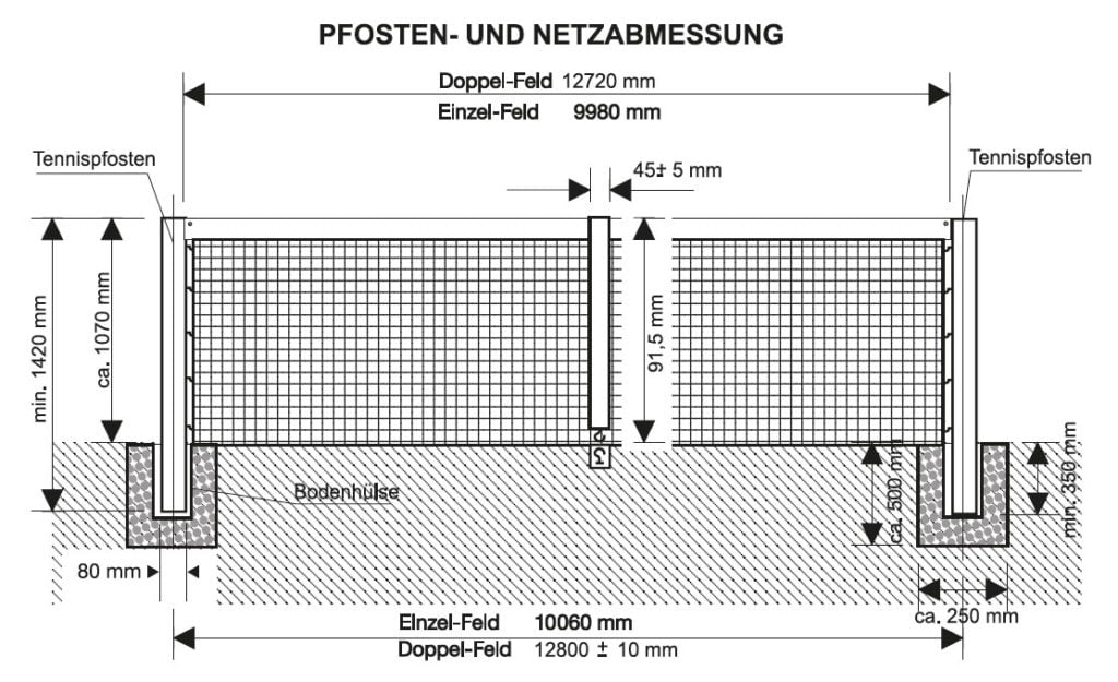 Tennis Pfostenabmessung und Netzabmessung