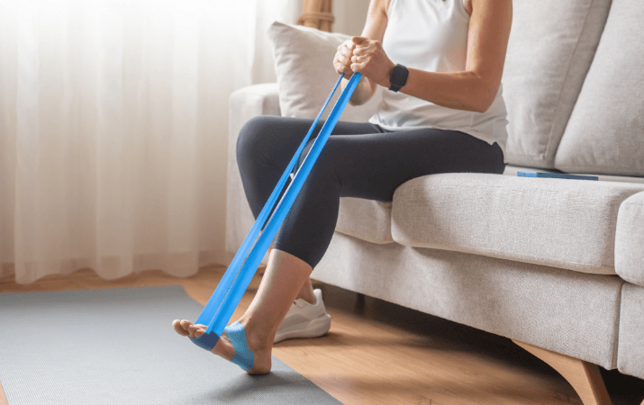 Eine Person sitzt auf einem hellen Sofa und führt eine Physiotherapie-Übung für Fuß und Bein durch. Sie hält ein blaues Theraband mit beiden Händen fest, das um die Fußsohle gestreckt ist, um Widerstand aufzubauen.