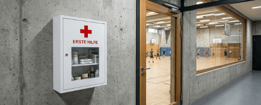 Erste-Hilfe-Schrank aus Metall f&uuml;r Betriebe, Sporthallen und Vereine an der Wand montiert