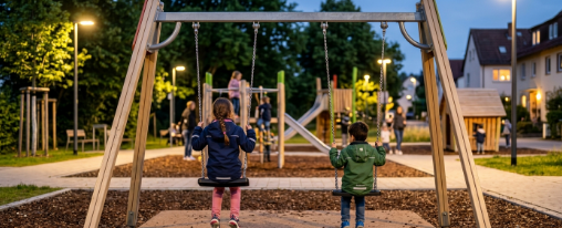 Schaukelgerüst online kaufen im Kübler Sport Onlineshop Mehrere Kinder spielen auf einem robusten Schaukelgerüst auf einem öffentlichen Spielplatz