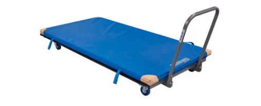 Horizontaler Mattenwagen – flacher Transportwagen für Bodenturnmatten Flacher Mattentransportwagen zur horizontalen Lagerung und Bewegung von Boden- und Weichbodenmatten.