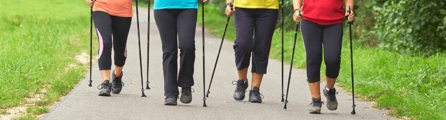 Fitnessbegeisterte beim Training mit Nordic Walking Stöcken in der Natur