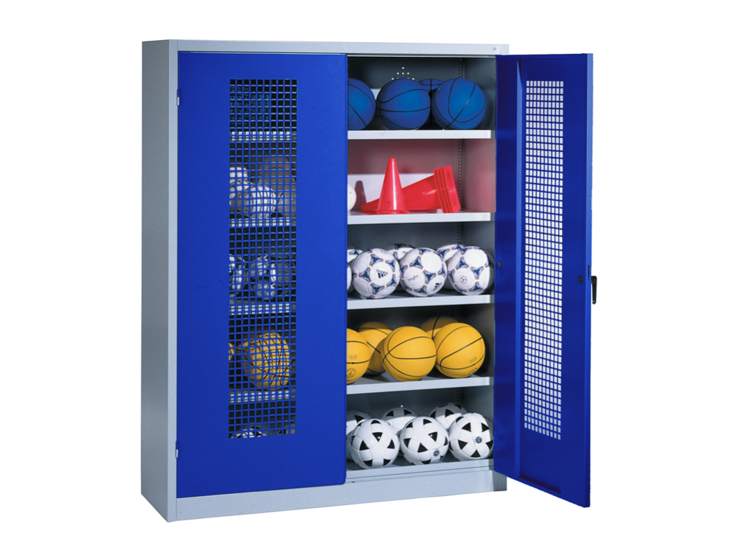 C+P Materialschrank mit Flügeltüren, Grau, Enzianblau, Lochblechtüren, 150 cm