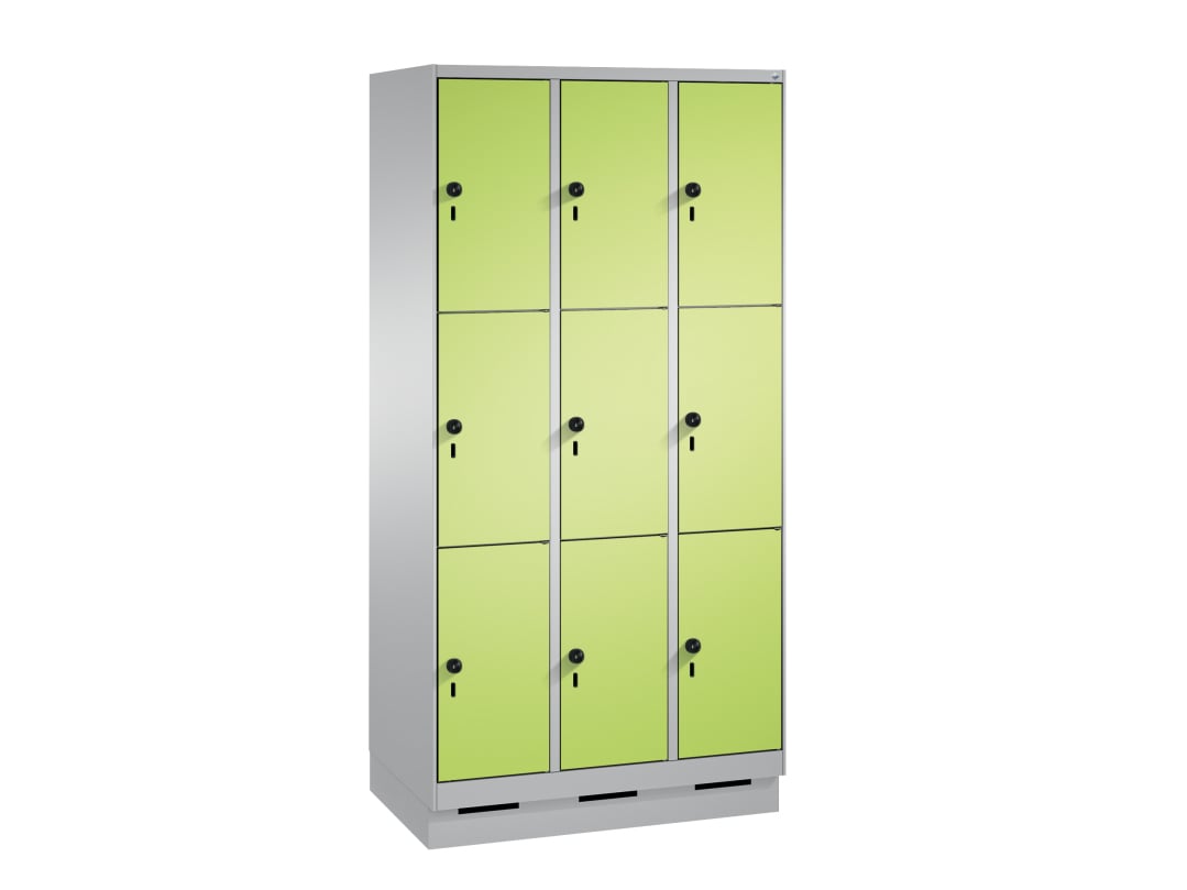 C+P Fächerschrank EVOLO mit 3 Fächern übereinander, 9 Abteile, Grau, Grün, Stahltüren, 90 cm