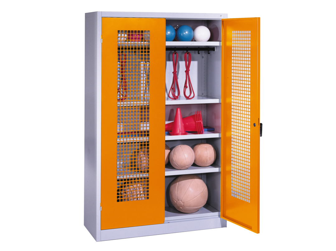 C+P Materialschrank mit Hakenstange, Flügeltüren, Grau, Gelborange, Lochblechtüren