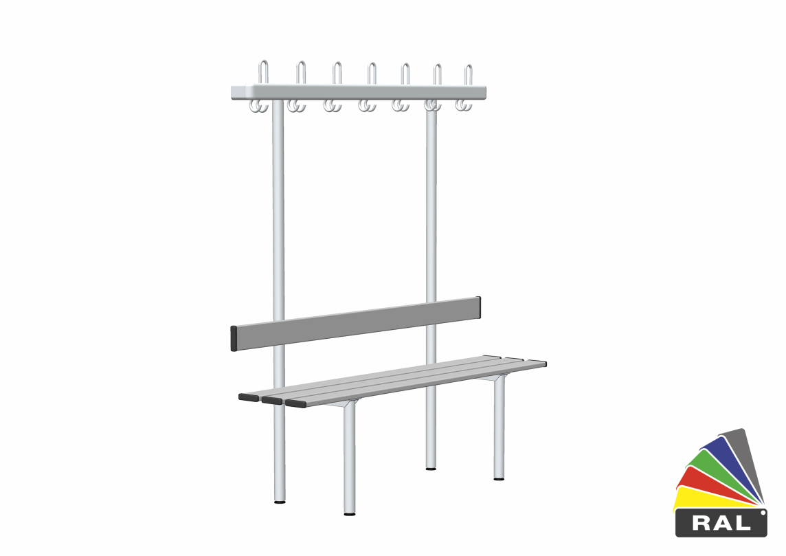 rontec Umkleidebank mit Garderobe, einseitig, Aluminium & RAL pulverbeschichtet, Ovalprofil 60 mm, dreifach (Aluminium), Aluminium & RAL