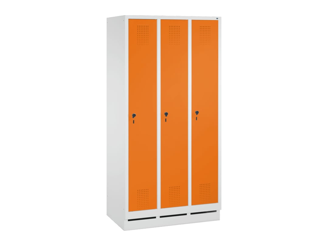 C+P Garderobenschrank EVOLO, mit Sockel, 3 Abteile, Grau, Gelborange, Stahltüren, 90 cm