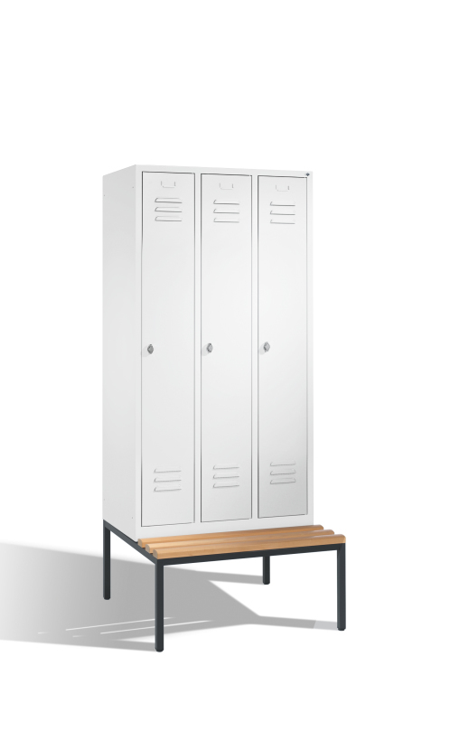 C+P Garderobenschrank EVOLO, mit untergebauter Sitzbank, 3 Abteile, Grau, Grau, Stahltüren, 90 cm