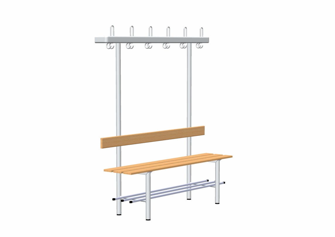 rontec Umkleidebank mit Garderobe und Schuhrost, einseitig, Ovalprofil 60 mm, dreifach (Aluminium), Aluminium (eloxiert)