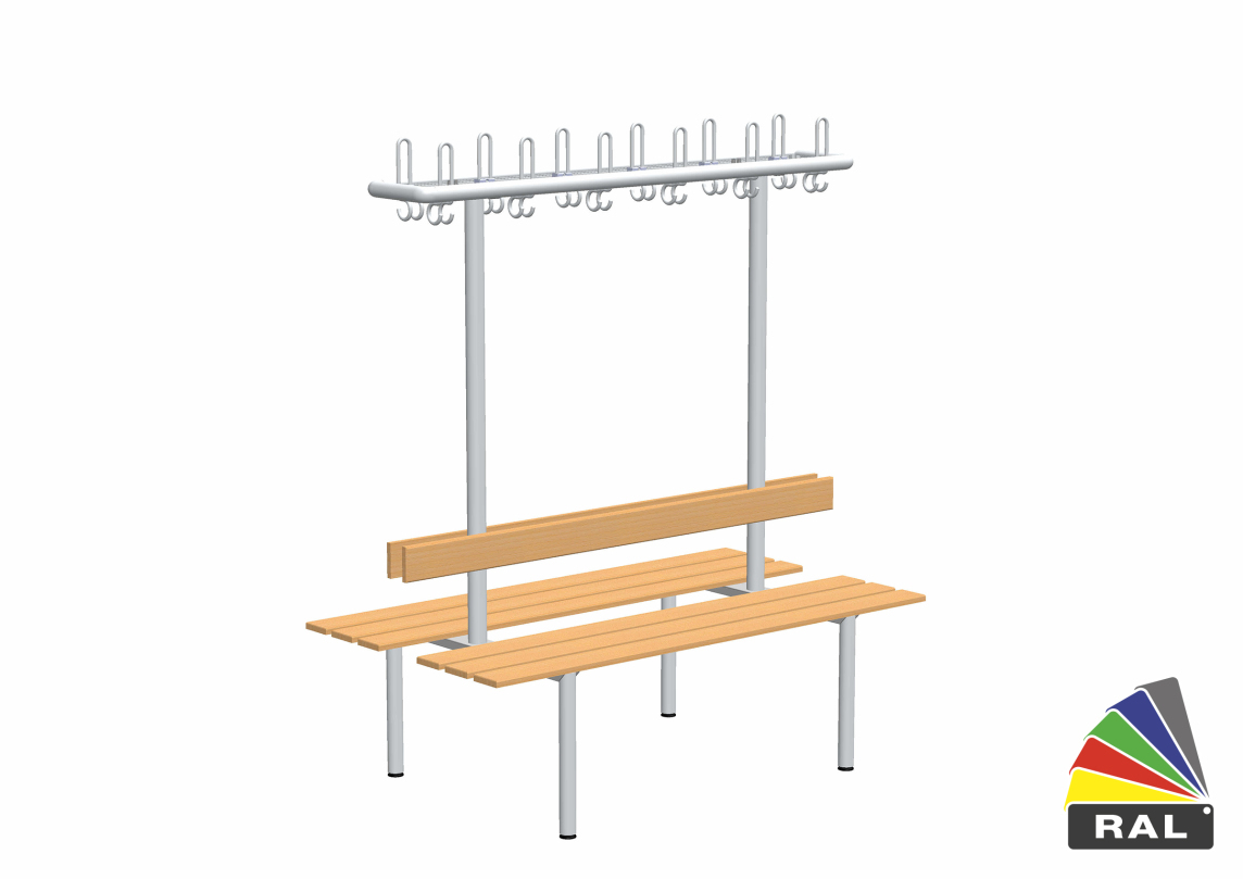 rontec Umkleidebank mit Garderobe, doppelseitig, Buche (keilgezinkt), Rundprofil Ø 40 mm, dreifach (Aluminium), Aluminium & RAL pulverbeschichtet