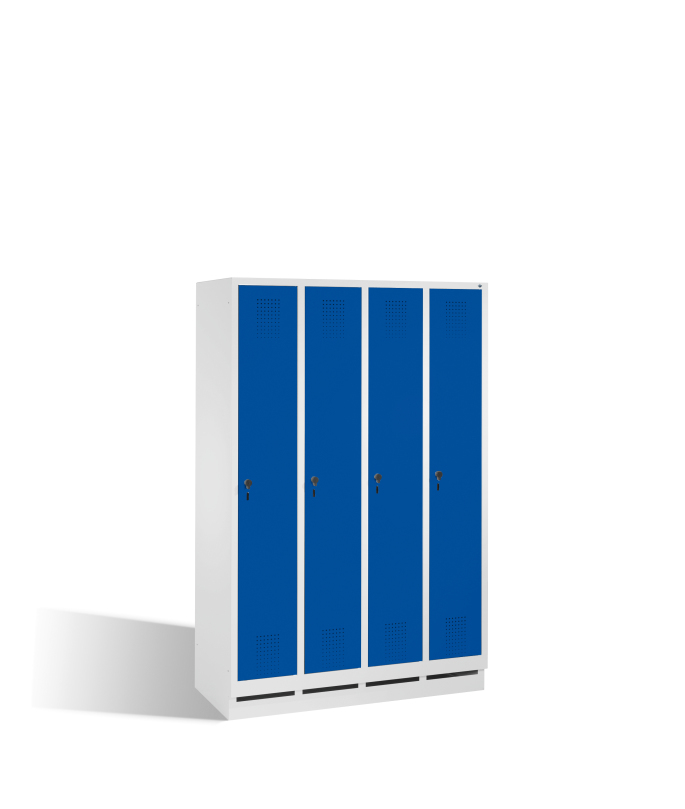C+P Garderobenschrank EVOLO, mit Sockel, 4 Abteile, Grau, Enzianblau, Stahltüren, 120 cm