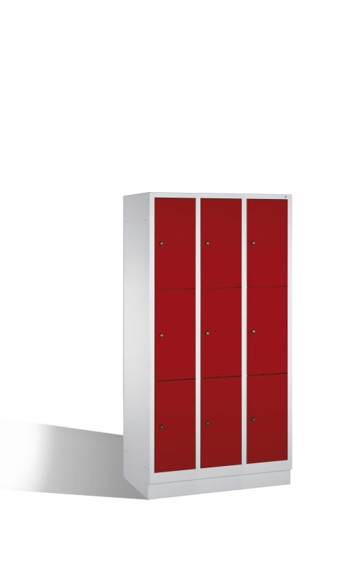 C+P Fächerschrank EVOLO mit 3 Fächern übereinander, 9 Abteile, Grau, Rubinrot, Stahltüren, 90 cm