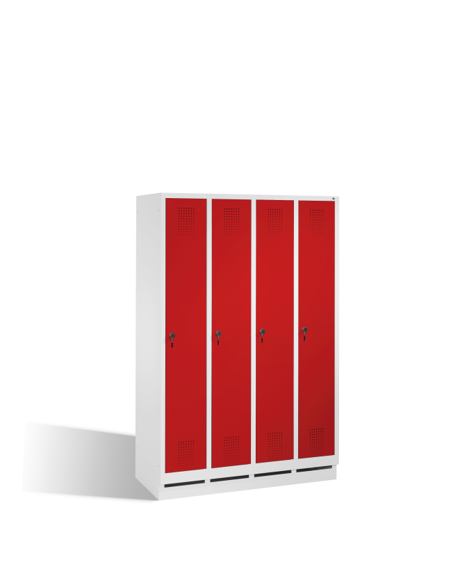 C+P Garderobenschrank EVOLO, mit Sockel, 4 Abteile, Grau, Rubinrot, Stahltüren, 120 cm