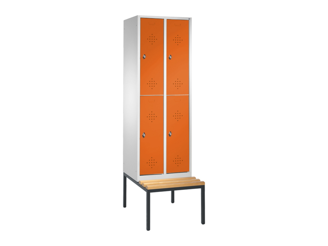 C+P Garderobenschrank EVOLO doppelstöckig, mit untergebauter Sitzbank, 4 Abteile, Grau, Gelborange, Stahltüren, 60 cm