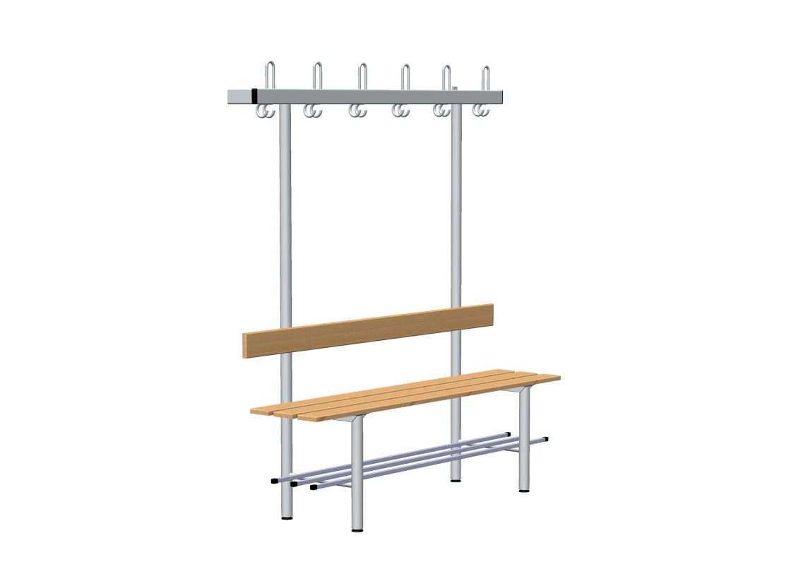 rontec Umkleidebank mit Garderobe und Schuhrost, einseitig, Flachprofil 55 mm, dreifach (Aluminium), Aluminium (eloxiert)