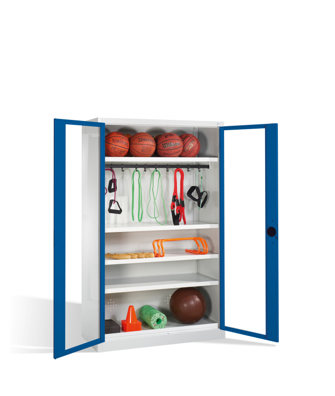 C+P Materialschrank mit Hakenstange, Flügeltüren, Grau, Enzianblau, Sichtfenster aus Acrylglas