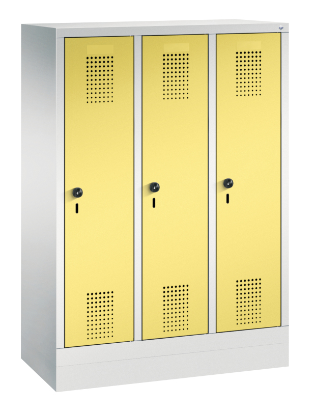 C+P Garderobenschrank EVOLO Kindergarten, mit Sockel, 3 Abteile, Grau, Gelb