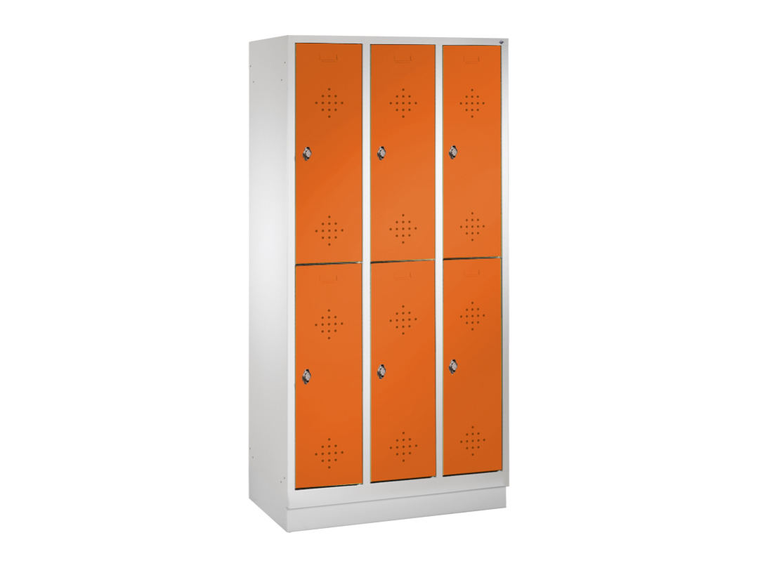 C+P Garderobenschrank EVOLO doppelstöckig, mit Sockel, 6 Abteile, Grau, Gelborange, Stahltüren, 90 cm