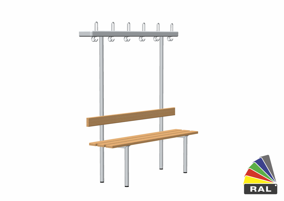 rontec Umkleidebank mit Garderobe, einseitig, Buche (keilgezinkt), Ovalprofil 60 mm, dreifach (Aluminium), Aluminium & RAL pulverbeschichtet