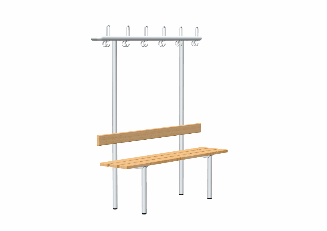 rontec Umkleidebank mit Garderobe, einseitig, Buche (keilgezinkt), Rundprofil Ø 40 mm, dreifach (Aluminium), Aluminium (eloxiert)