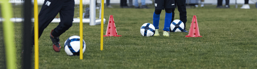 Mehrere Spieler mit vielen Fußbällen und Markierhütchen auf einem Rasenplatz