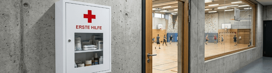 Erste-Hilfe-Schrank aus Metall für Betriebe, Sporthallen und Vereine an der Wand montiert