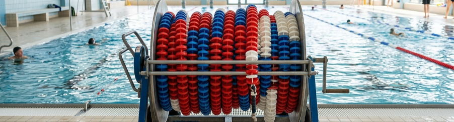 Moderner Haspelwagen zur Aufbewahrung und zum Transport von Schwimmleinen und Seilen im Wassersportbereich