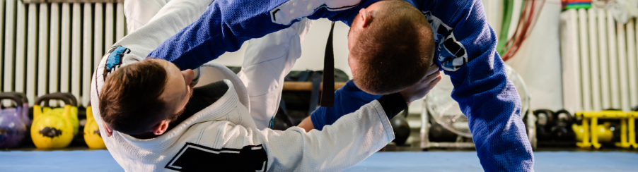 Karate- und Taekwondo-Sportler in traditioneller Ausrüstung und mit Schutzzubehör während des Trainings im Dojo