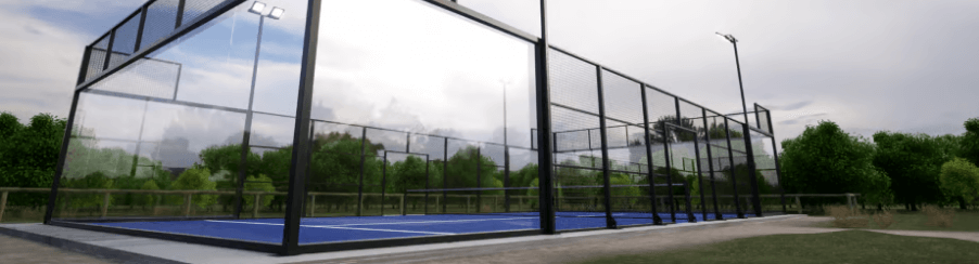 Padel Court mit Spielern während eines Matches, umgeben von Glaswänden und ausgestattet mit professioneller Beleuchtung