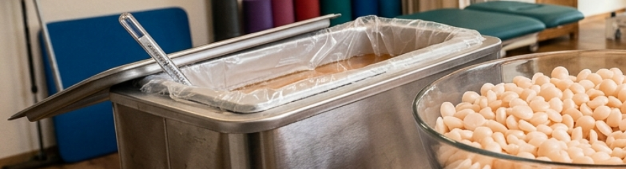 Hochreines Paraffinwachs für Paraffinbad-Anwendungen im therapeutischen Bereich auf einem Behandlungstisch