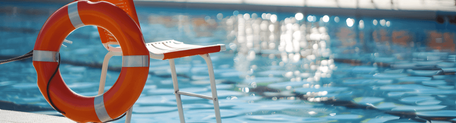 Rettungszubehör für Wassersportler am Ufer mit Rettungsringen, Rettungsleinen und Rettungsbojen im Einsatz