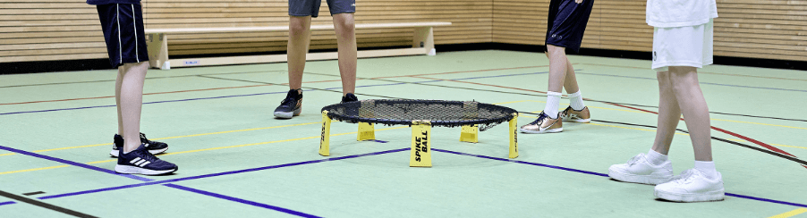 Mehrere Personen spielen Roundnet als Freizeitspiel auf einer Wiese – Netz, Ball und dynamische Bewegung im Einsatz