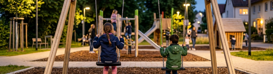 Mehrere Kinder spielen auf einem robusten Schaukelgerüst auf einem öffentlichen Spielplatz