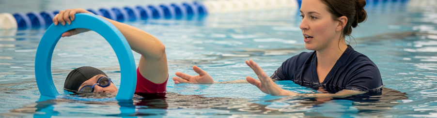 Sportliche Erwachsene und Kinder trainieren mit Schwimm Trainingshilfen im Schwimmbad